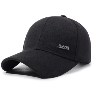 Detail of black cotton baseball cap showing the side metal JEANS newwear decorative plate
