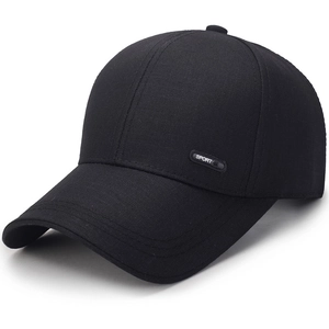 Classic black baseball cap with long visor and SPORT label on a plain white background
