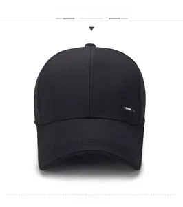 Front view of black baseball cap showing classic 6-panel structure and curved brim details