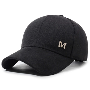 Winter black wool baseball cap for men with long brim and silver metal M logo ornament