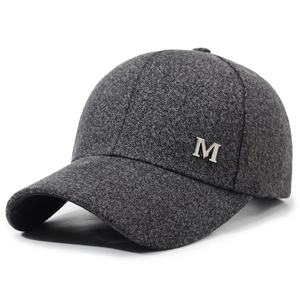 Men's winter wool texture baseball cap in dark grey featuring silver metal M ornament