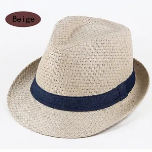 Classic beige woven straw fedora hat with navy blue ribbon band for sun protection