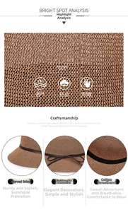 Detail of brown knitted sun hat showing braided texture, decorative bow, and cotton sweatband