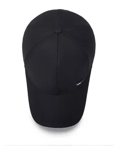 Top view of a black cotton sports baseball cap showing six-panel stitching and SPORT label