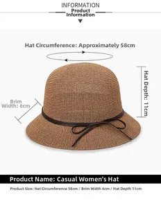 Detailed size chart for brown knitted straw hat showing 58cm circumference and 6cm brim