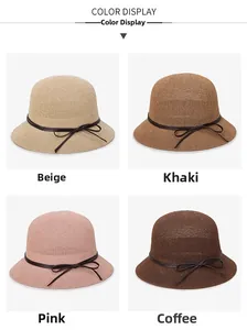 Detailed grid view of knitted sun hats in beige, khaki, pink, and coffee colors