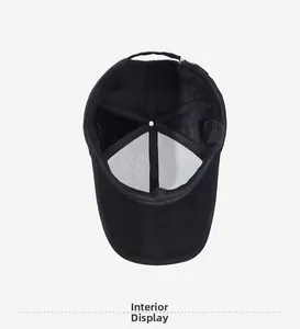 Interior detail of a black cotton baseball cap showing six-panel stitching and seams