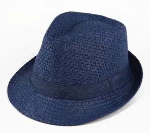 Navy blue straw fedora hat with matching ribbon, breathable summer sun protection style