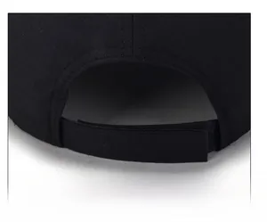 Detail of adjustable velcro back strap on black cotton baseball cap for a custom fit