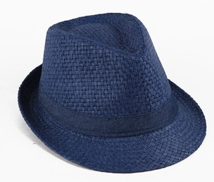 Detailed close-up of navy blue straw fedora hat featuring a woven texture and ribbon