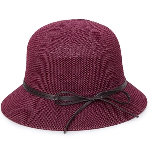 Burgundy knitted bucket hat with a dark brown leather bow ribbon on a white background