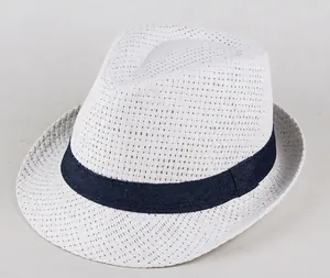 Breathable white straw fedora sun hat with navy blue ribbon trim for men and women