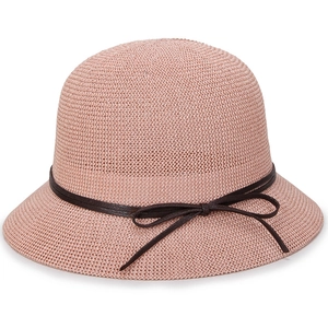 Women's pink knit dome sun hat with brown bow tie accent on plain white background