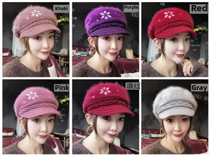 Collage of knit rabbit fur berets with snowflake embroidery and floral weave in 6 colors