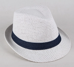 Detail of white woven straw fedora with navy band and breathable craftsmanship