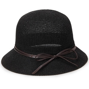 Women's black woven sun hat with a brown leather bow band and chic flat top design