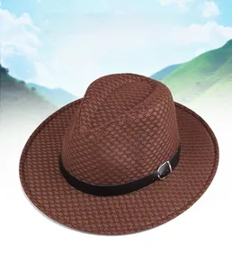 Detailed top view of a breathable brown straw hat with a black leather band and buckle