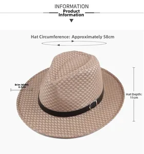 Detailed size guide of light brown straw fedora hat with dimensions and black leather band