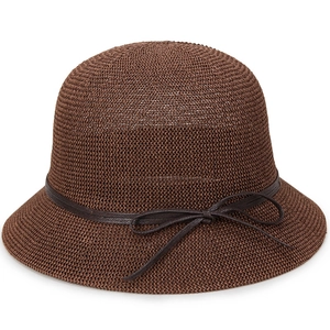 Elegant dark brown knitted sun hat for women featuring a minimalist bow tie strap