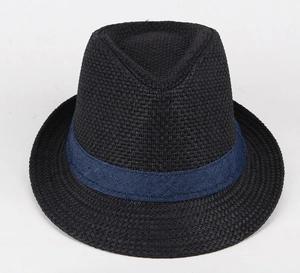 Close-up of black straw fedora hat with a blue ribbon showing the woven texture