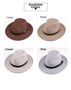 Mesh fedora hats for men in coffee, beige, cream, and grey with decorative belts