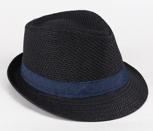 Close-up detail of the woven texture and dark blue ribbon on this black straw fedora hat