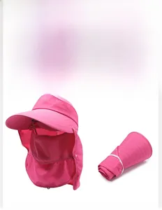 Foldable rose pink sun hat with neck flap and face cover, shown in open and compact form