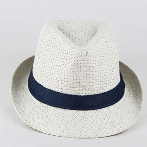 Detailed view of cream straw fedora hat featuring a classic navy blue grosgrain ribbon band