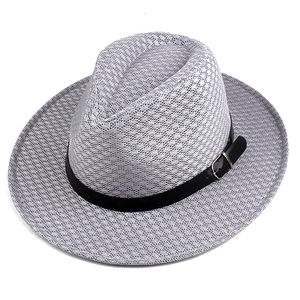 Men's light grey breathable woven fedora hat with black band and metal buckle
