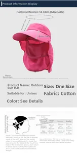 Detailed size chart for sun hat with neck flap showing dimensions and measurement guide