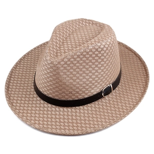 Close-up of a woven straw jazz hat with a black leather band and metal buckle detail