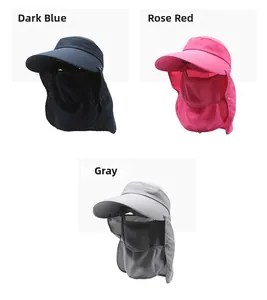 Detail view of quick-dry sun hat with detachable neck flap in navy, rose, and grey