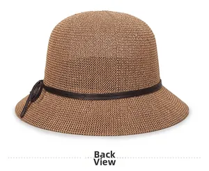 Back view of a khaki knitted sun hat featuring a thin brown leather cord and bow detail