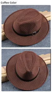 Detail of coffee brown breathable woven fedora with black faux leather band and buckle