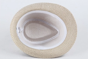 Detail of internal straw hat structure showing white sweatband and woven texture