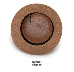Interior view of knitted sun hat featuring adjustable inner cord and black sweatband