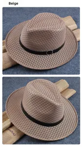 Detail view of a beige mesh fedora hat with a black leather band and metal buckle accessory