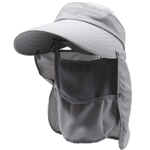 Detail of light grey outdoor sun hat with wide brim, mesh face cover and neck protector