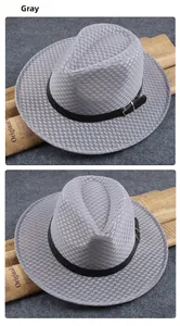 Detail view of grey mesh woven fedora hat with black leather strap and metal buckle