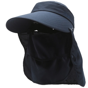 Detail of navy sun hat featuring breathable mesh face mask and wide neck protection flap