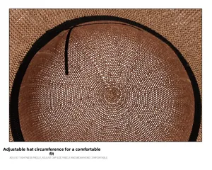 Detail of adjustable inner strap for brown knitted sun hat with fine woven texture