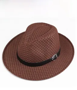 Detail of brown breathable mesh fedora hat featuring black leather band and silver buckle