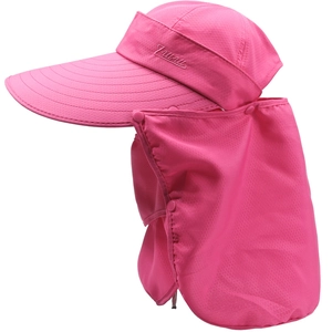 Detail of rose red sun hat featuring detachable face mask and neck protection flap