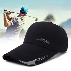 Close-up of black sports baseball cap featuring extended brim and gray side stripe detail