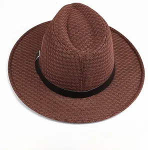 Rear view of brown woven mesh summer fedora hat showing breathable hollow texture