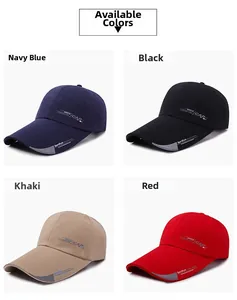 Detail view of long brim baseball caps in navy blue, black, khaki, and red options