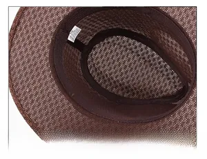 Detail view of brown mesh sun hat showing breathable knit texture and inner sweatband