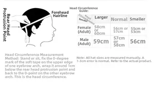 Size guide for knitted hats showing head circumference measurements for men and women