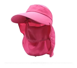 Detail of bright pink sun hat with breathable mesh face mask and neck protection flap