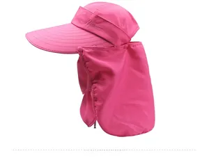 Detail view of rose pink sun hat featuring breathable mesh fabric and removable neck flap